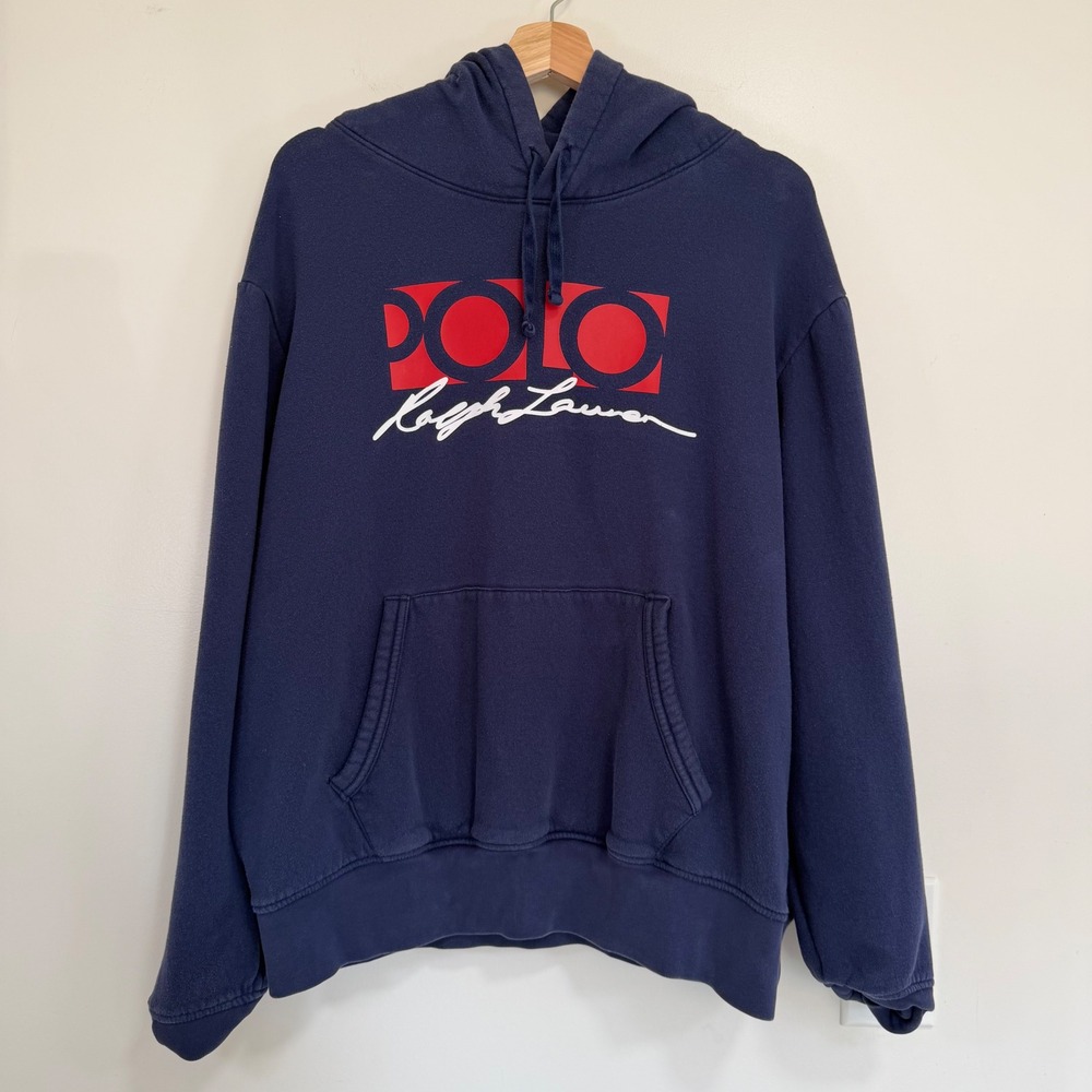 Classic Polo Ralph Lauren Graphic Logo Hoodie Mens Large Navy Blue Streetwear